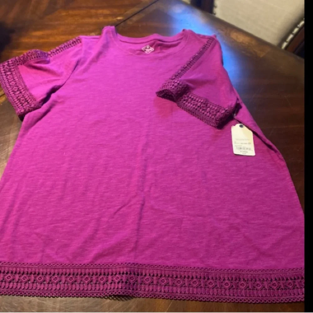 St. John’s Bay Magenta Crochet-Trim Short Sleeve Top - Picture 1 of 3